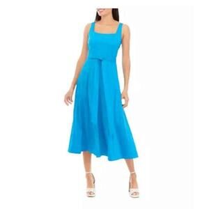 NEW ANNE KLEIN BLUE FIT AND FLARE MIDI COTTON BELTED DRESS SIZE 2 MSRP $129